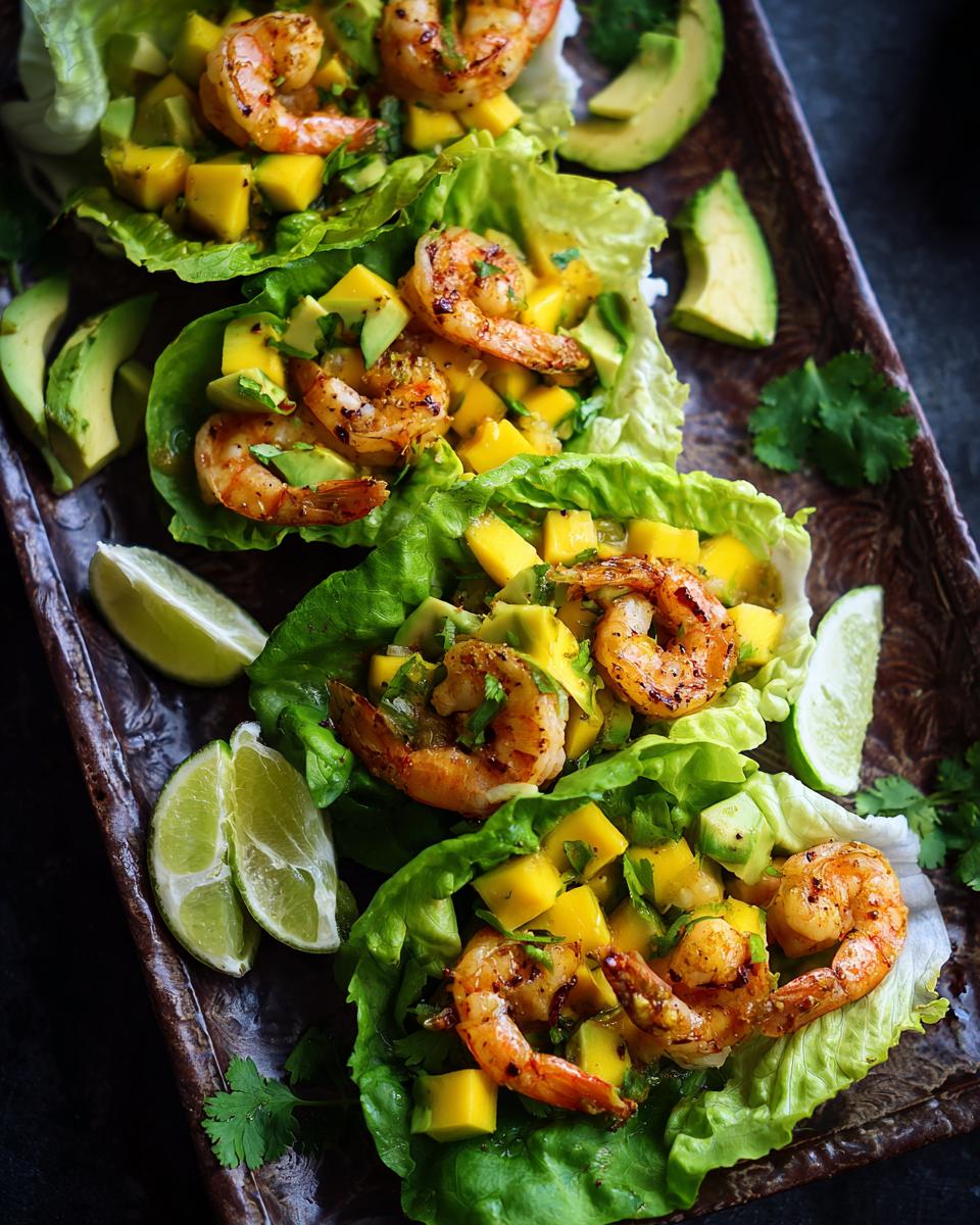 Avocado Mango Shrimp Lettuce Wraps, a healthy and delicious appetizer.
