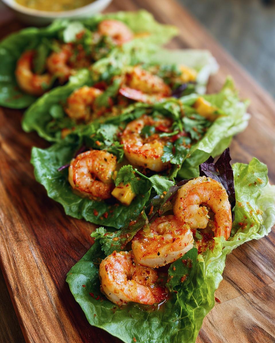 Close-up of Avocado Mango Shrimp Lettuce Wraps on a wooden board, ready to eat.
