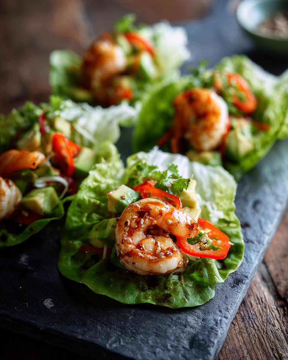 Close-up of delicious Avocado Mango Shrimp Lettuce Wraps, a healthy and flavorful appetizer.