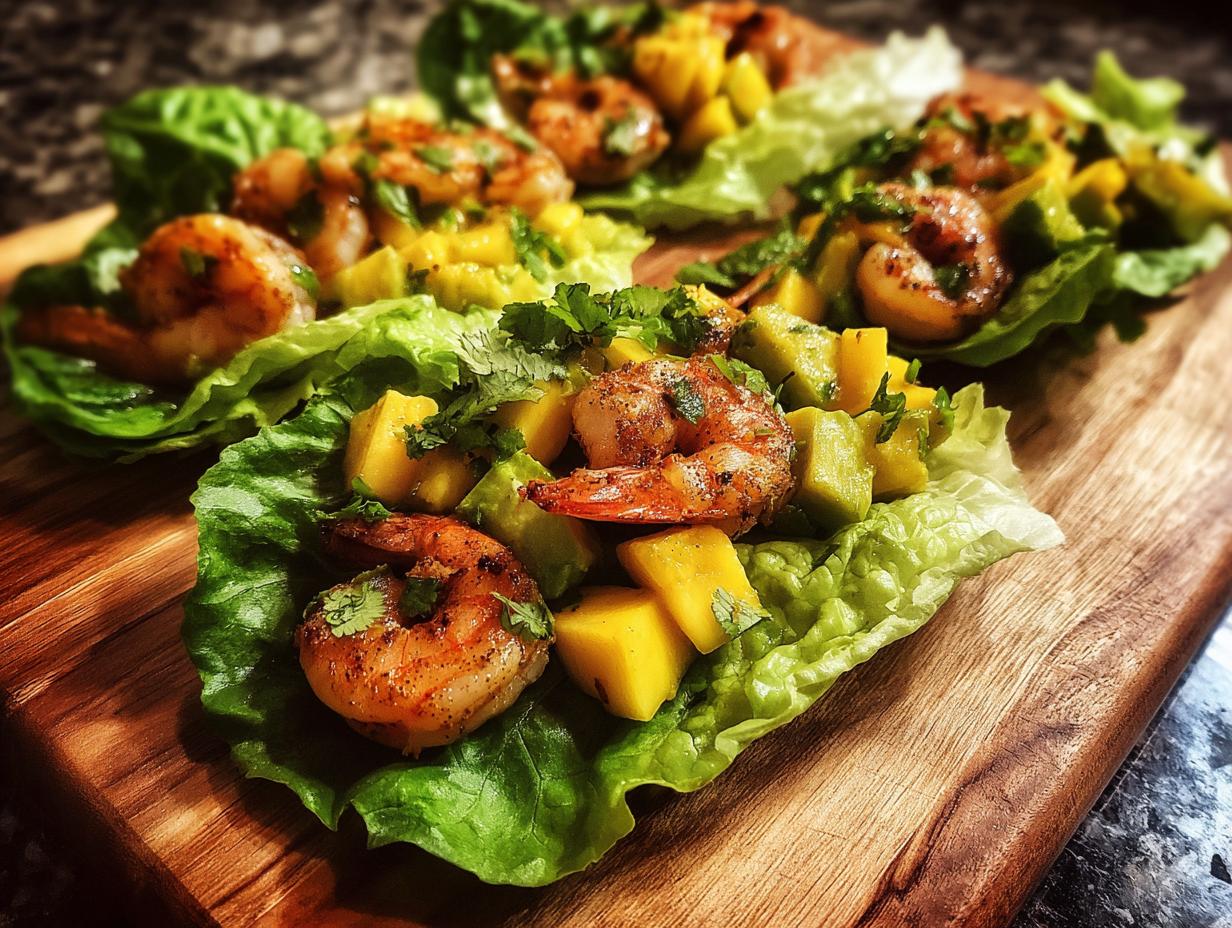 Close-up of Avocado Mango Shrimp Lettuce Wraps on a wooden board. The dish features shrimp, mango, avocado, and lettuce.
