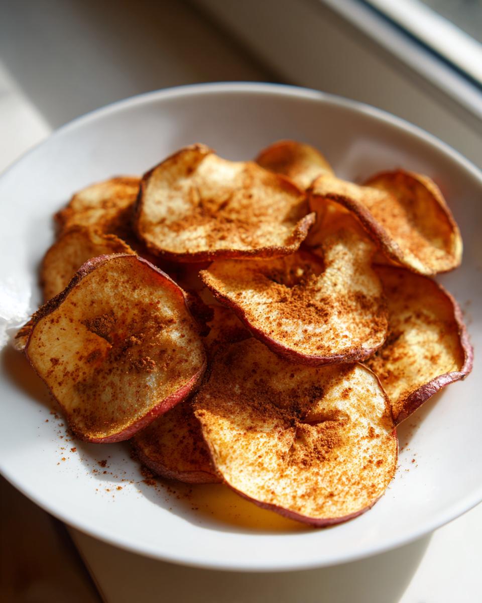 Close-up of a bowl filled with delicious Baked Apple Cinnamon Oat Chips, sprinkled with cinnamon.