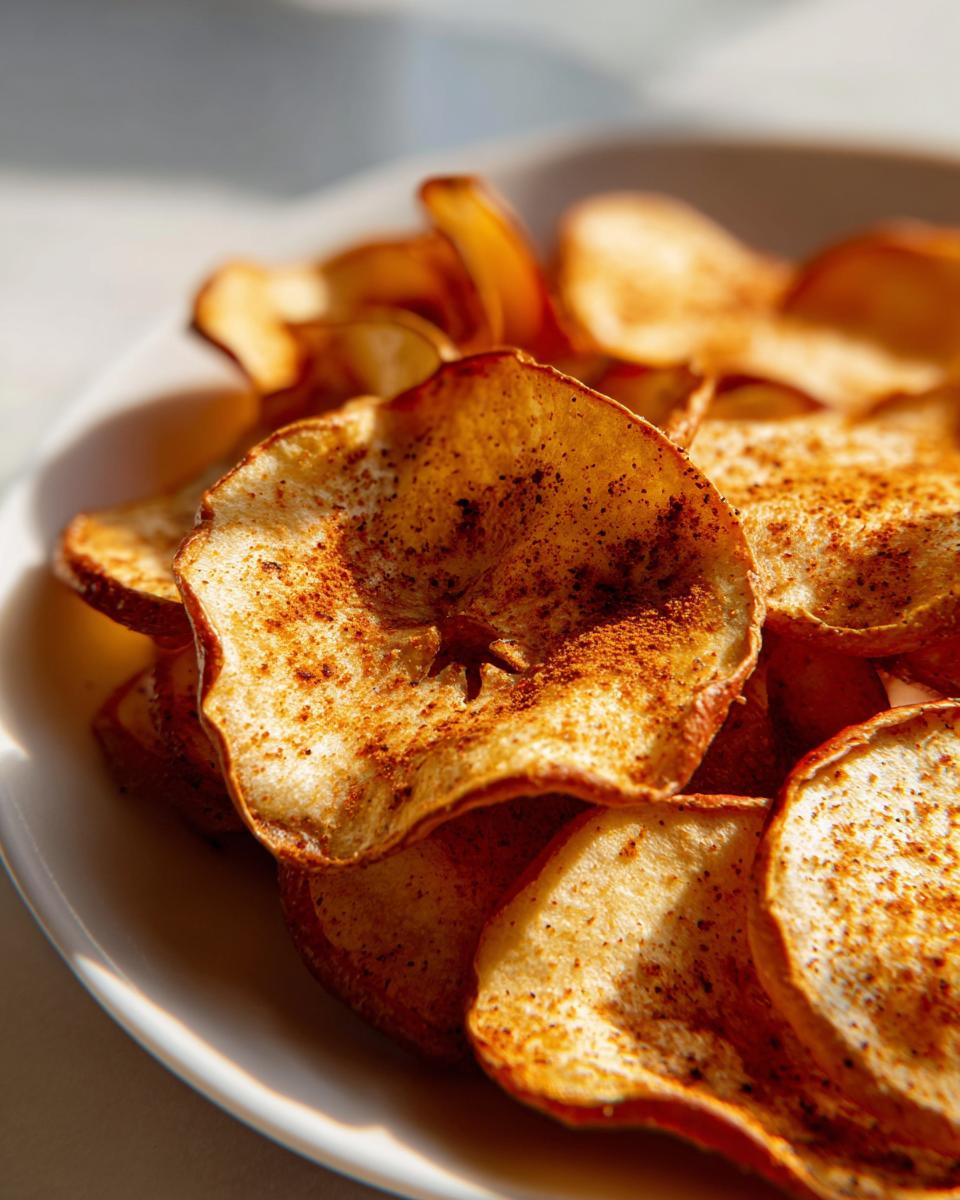 Close-up of Baked Apple Cinnamon Oat Chips on a white plate, sprinkled with cinnamon.
