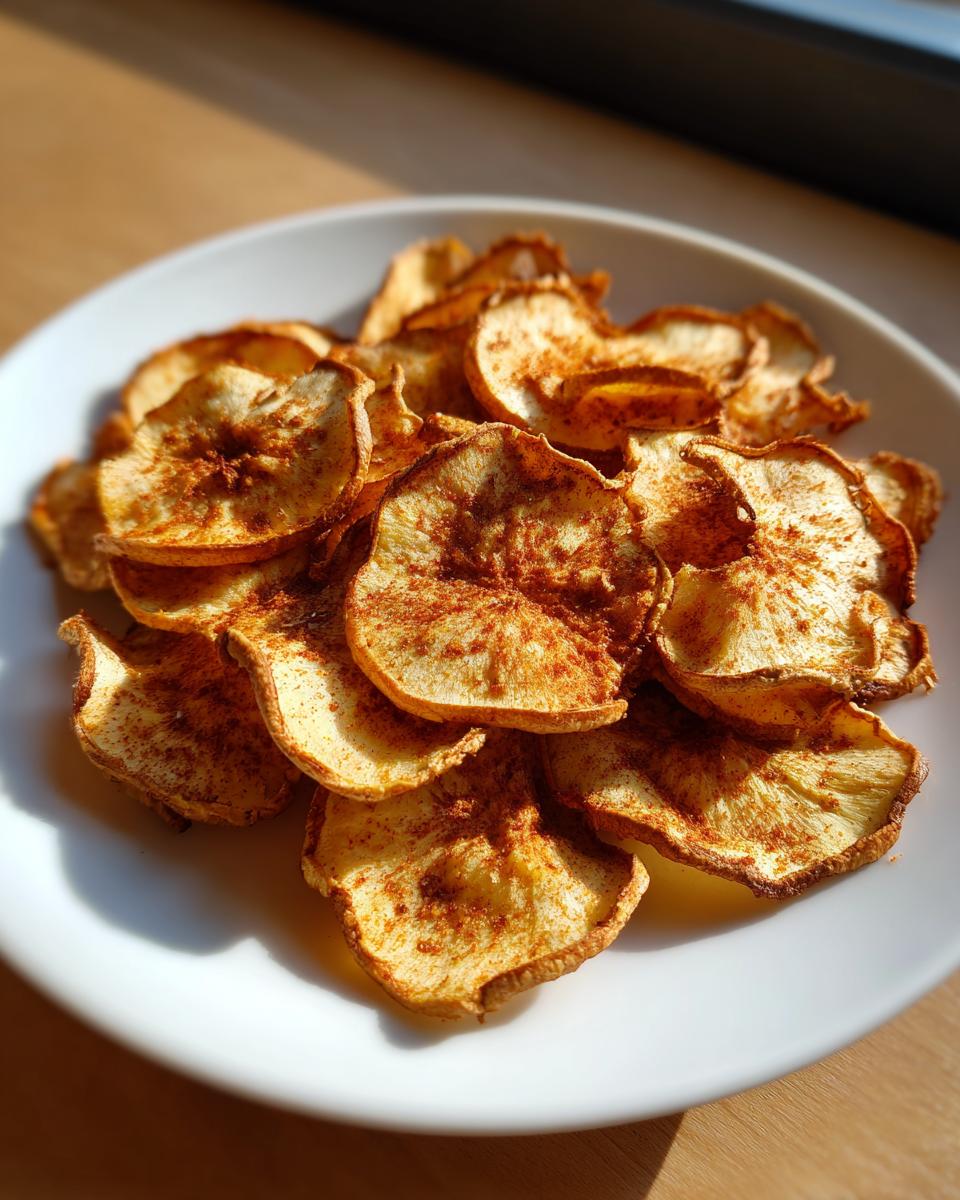 Close-up of a plate filled with Baked Apple Cinnamon Oat Chips, sprinkled with cinnamon.