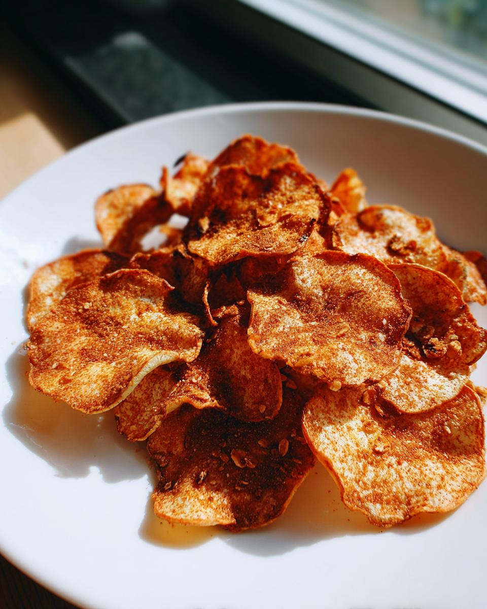 Close-up of a plate of Baked Apple Cinnamon Oat Chips, crispy and golden brown.