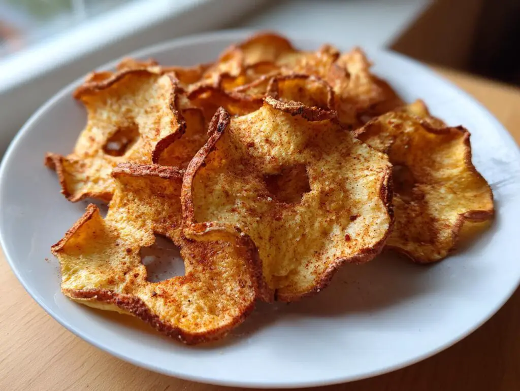 Close-up of a plate of Baked Apple Cinnamon Oat Chips, sprinkled with cinnamon.