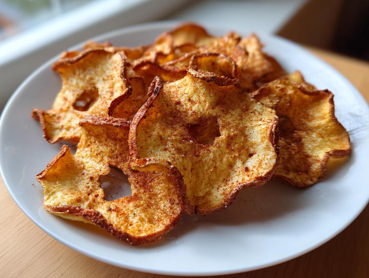 Close-up of a plate of Baked Apple Cinnamon Oat Chips, sprinkled with cinnamon.