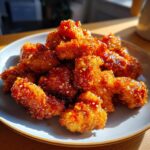 A pile of delicious Baked Crunchy Hot Honey Chicken pieces coated in a glossy sauce and sprinkled with sesame seeds.