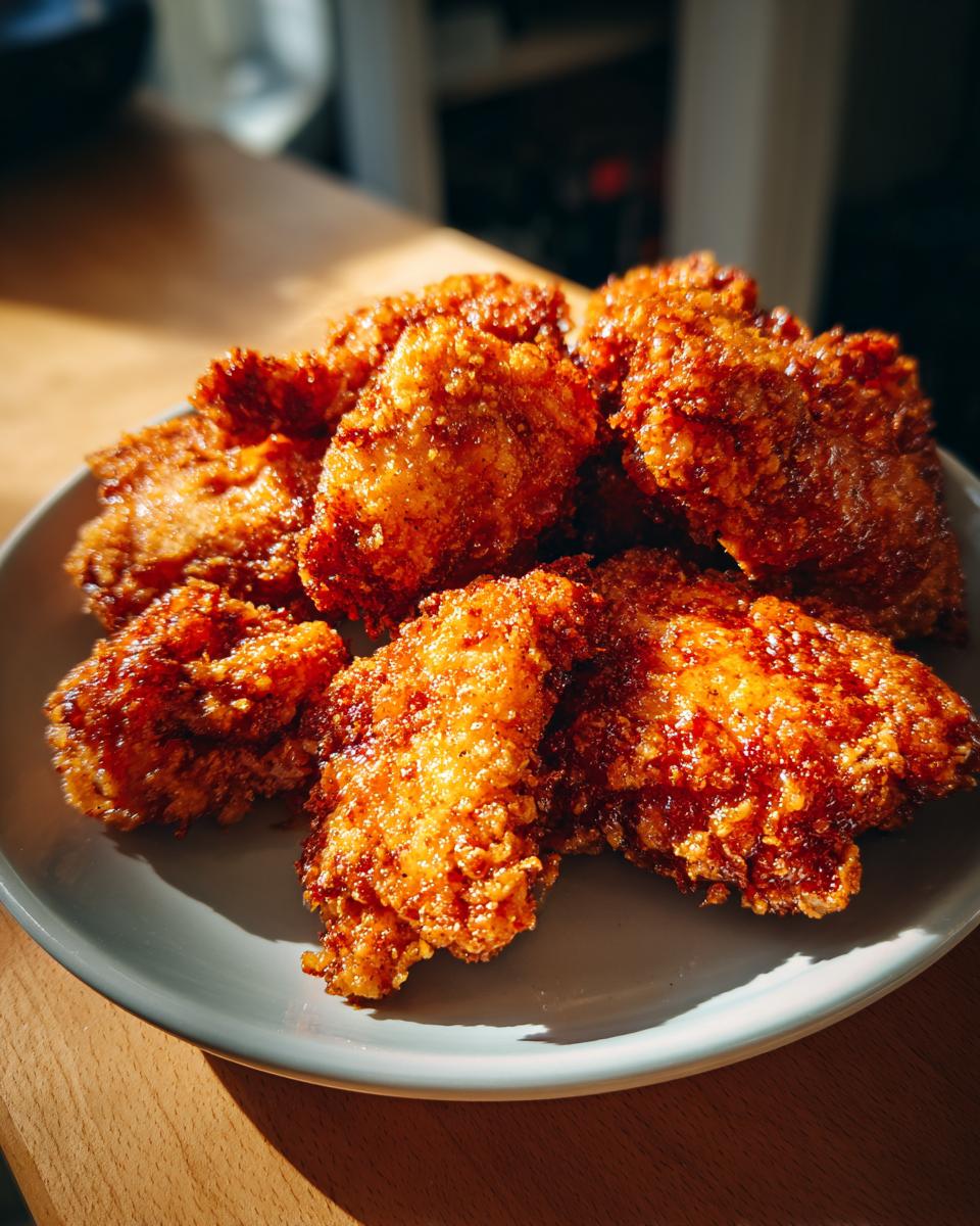 A pile of golden-brown Baked Crunchy Hot Honey Chicken pieces on a light blue plate, glistening with sauce.