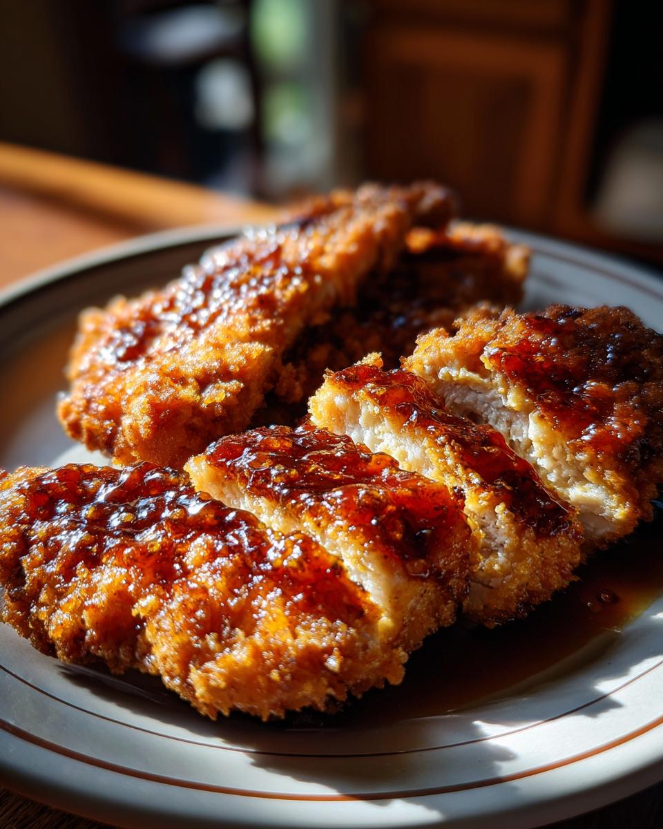 Close-up of delicious Baked Crunchy Hot Honey Chicken pieces, glistening with sauce on a plate.