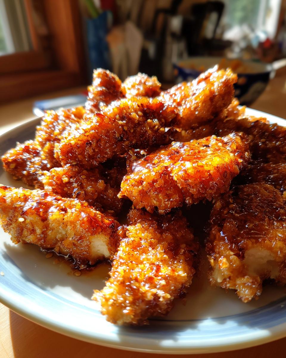 Close-up of golden brown Baked Crunchy Hot Honey Chicken pieces coated in a glossy sauce.