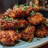 A pile of delicious Baked Crunchy Hot Honey Chicken pieces, glazed and garnished with fresh herbs.
