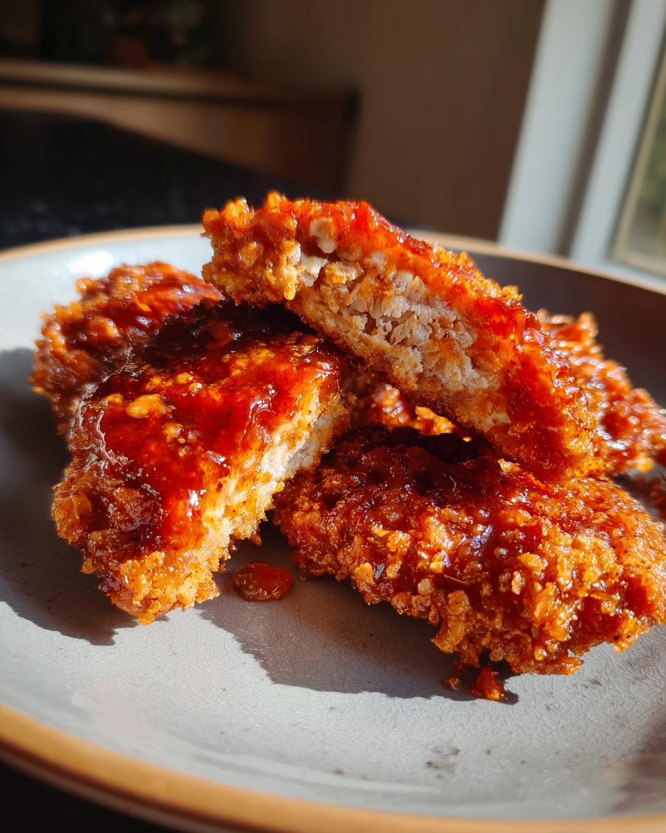 Close-up of baked crunchy hot honey chicken pieces, one cut in half to show the juicy interior.