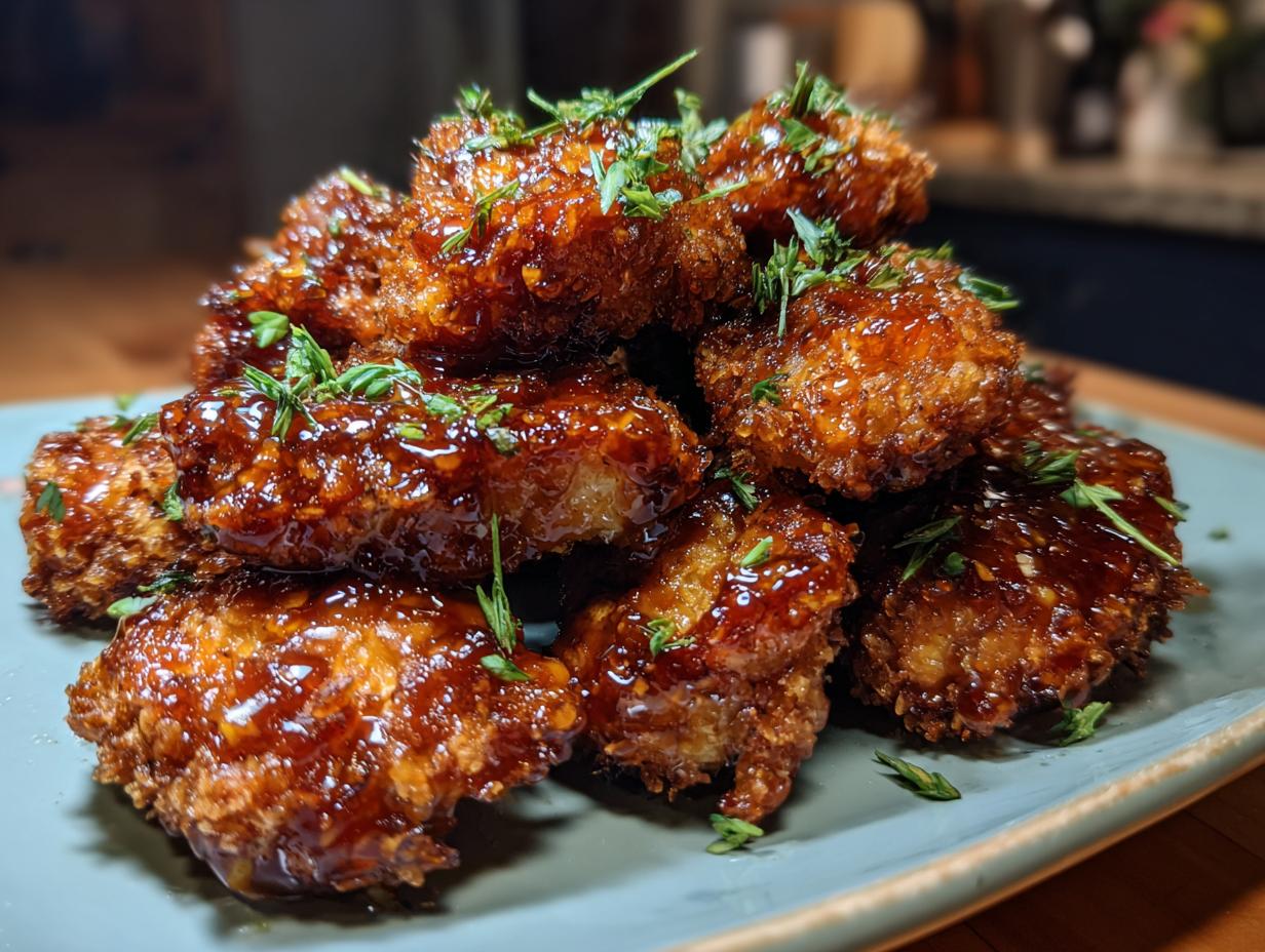 A pile of delicious Baked Crunchy Hot Honey Chicken pieces, glazed and garnished with fresh herbs.