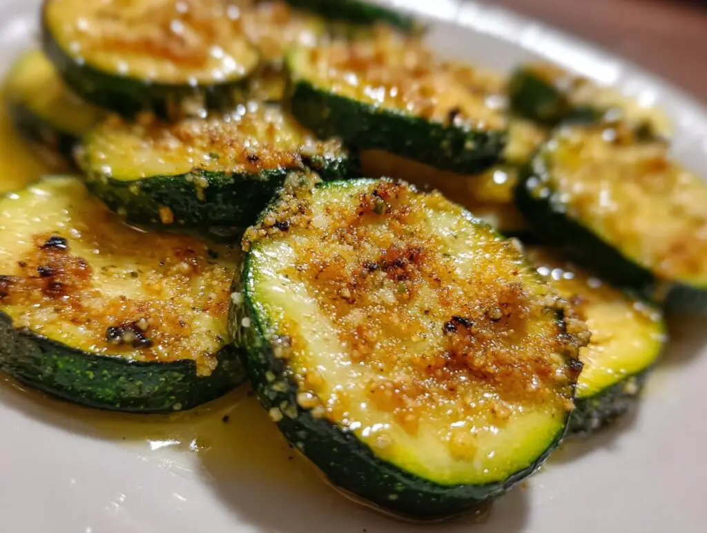 Close-up of golden-brown Baked Parmesan Zucchini slices on a white plate, ready to eat.