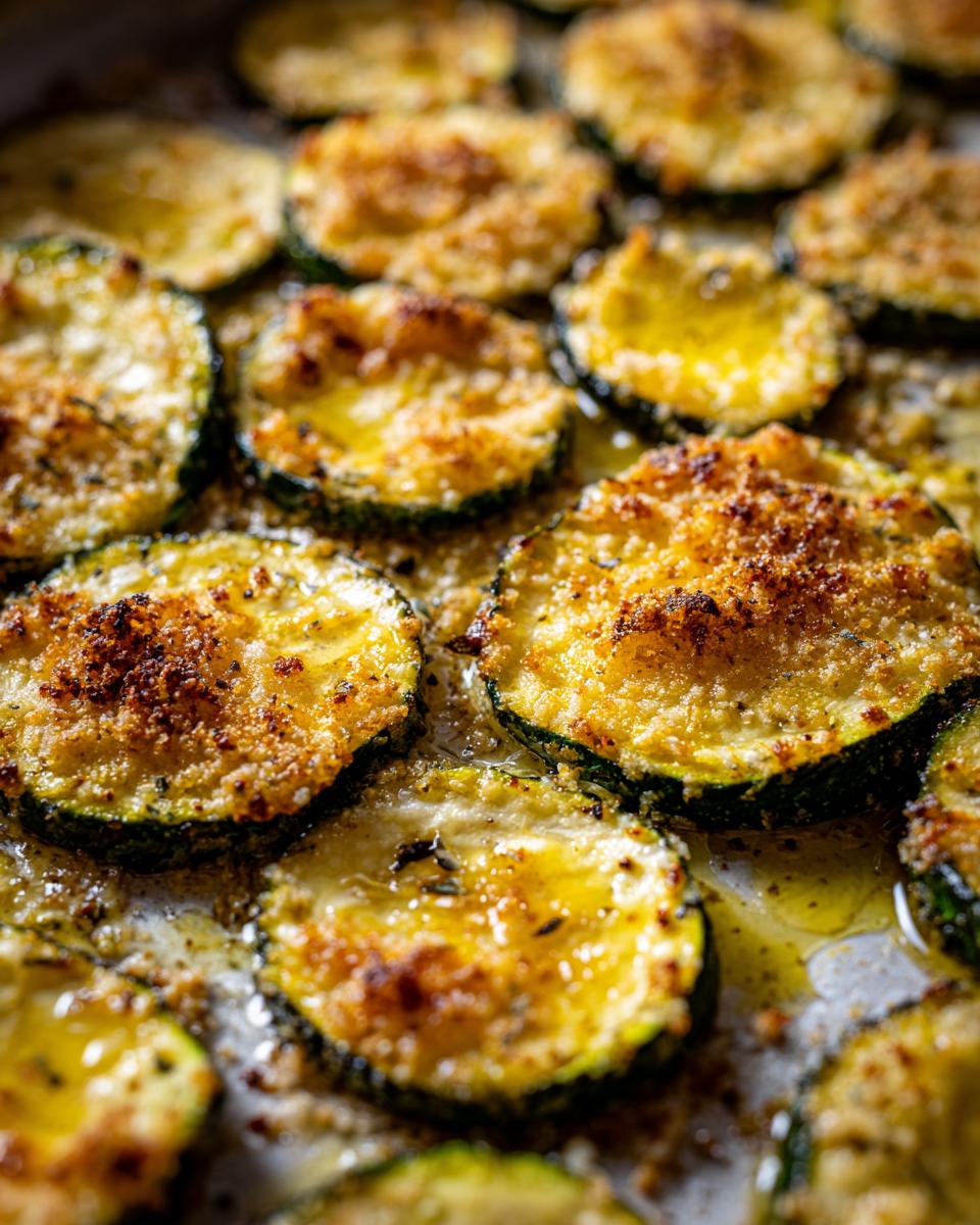 Baked Parmesan Zucchini: Delicious in Under 30 Minutes! 8 Close-up of baked Parmesan Zucchini slices on a baking sheet, golden and crispy.