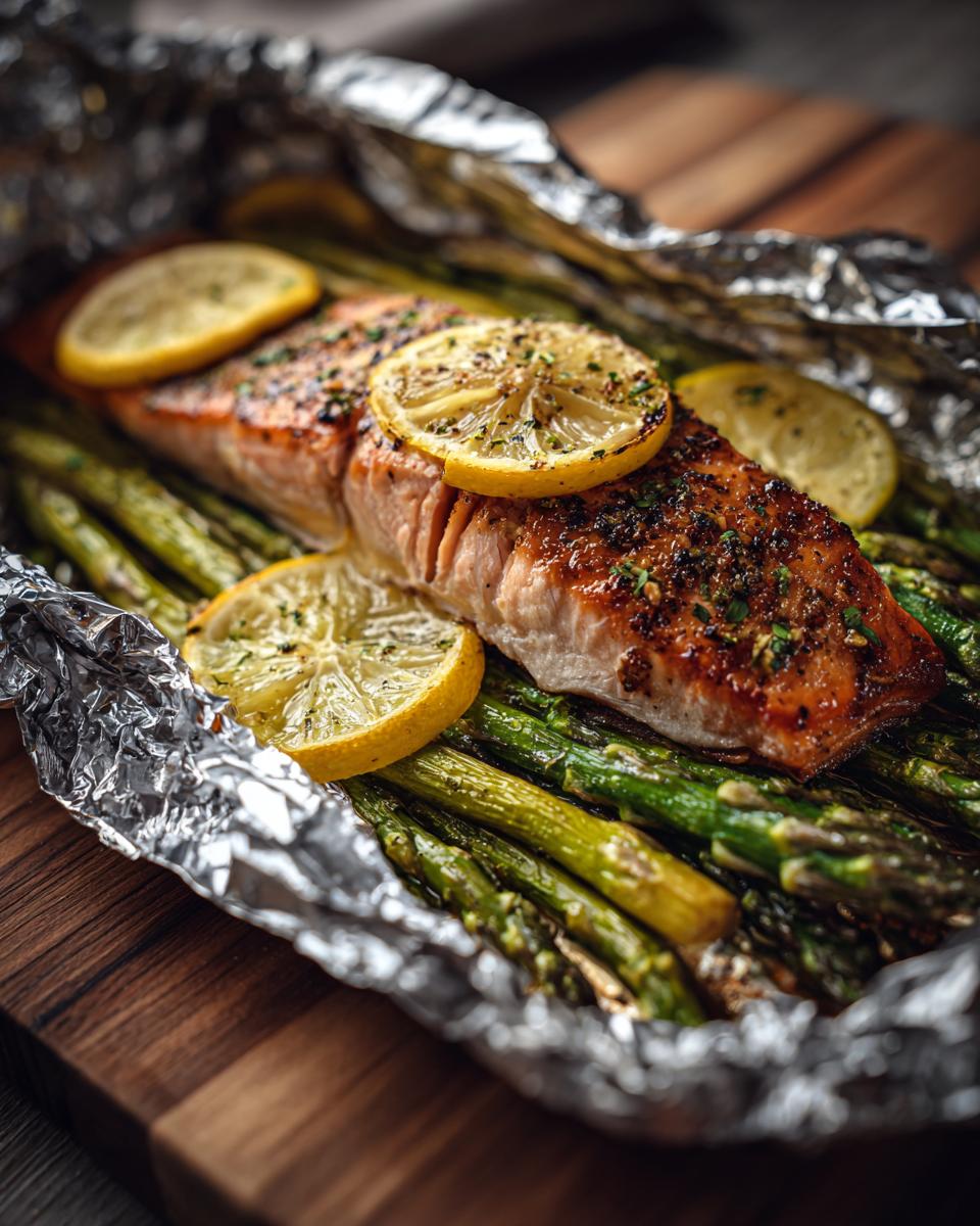 A perfectly cooked fillet of salmon rests on a bed of roasted asparagus, topped with lemon slices in a foil packet.