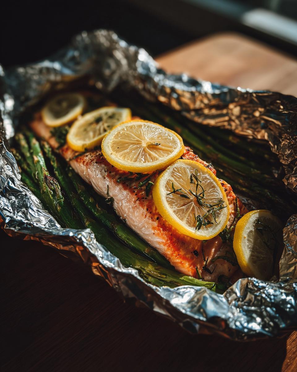 Close-up of a baked salmon and asparagus foil packet, topped with lemon slices and herbs.