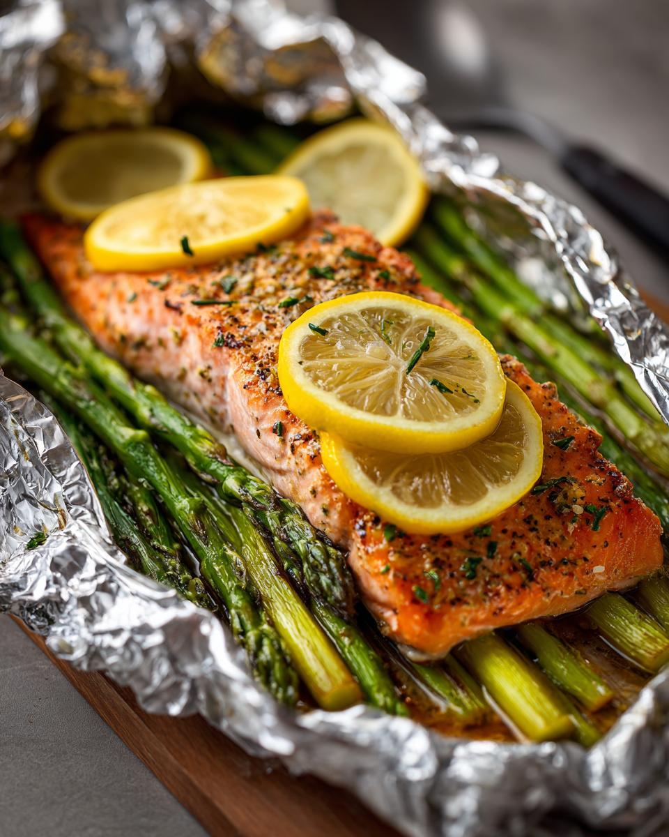 Close-up of a perfectly cooked salmon fillet baked with asparagus in a foil packet, topped with lemon slices and herbs.