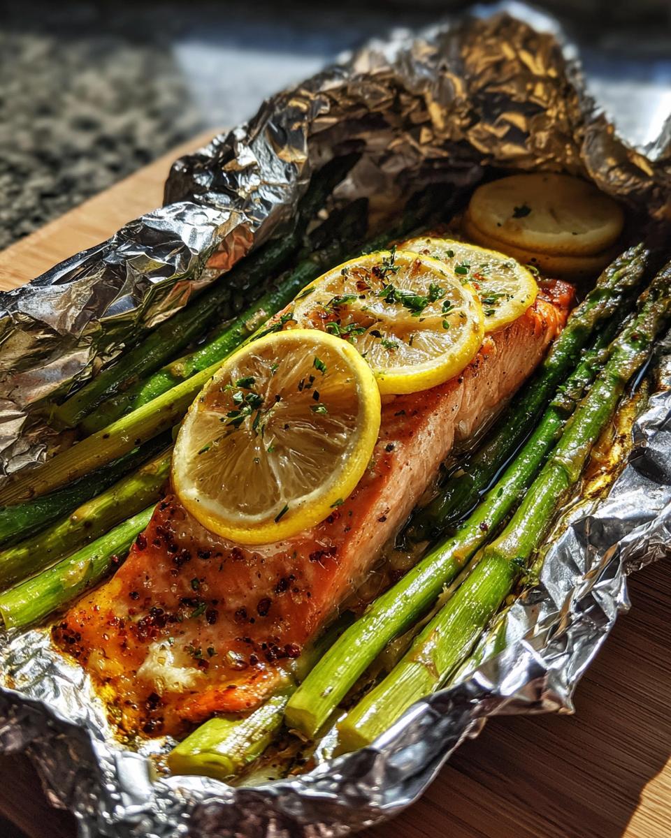 A close-up of a baked salmon and asparagus foil packet, topped with lemon slices and herbs.