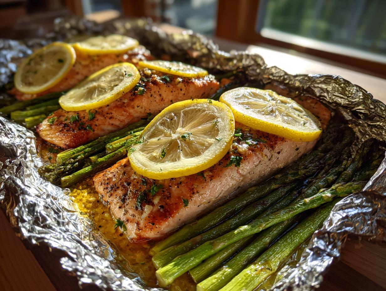 Three foil packets filled with baked salmon and asparagus, topped with lemon slices and herbs.