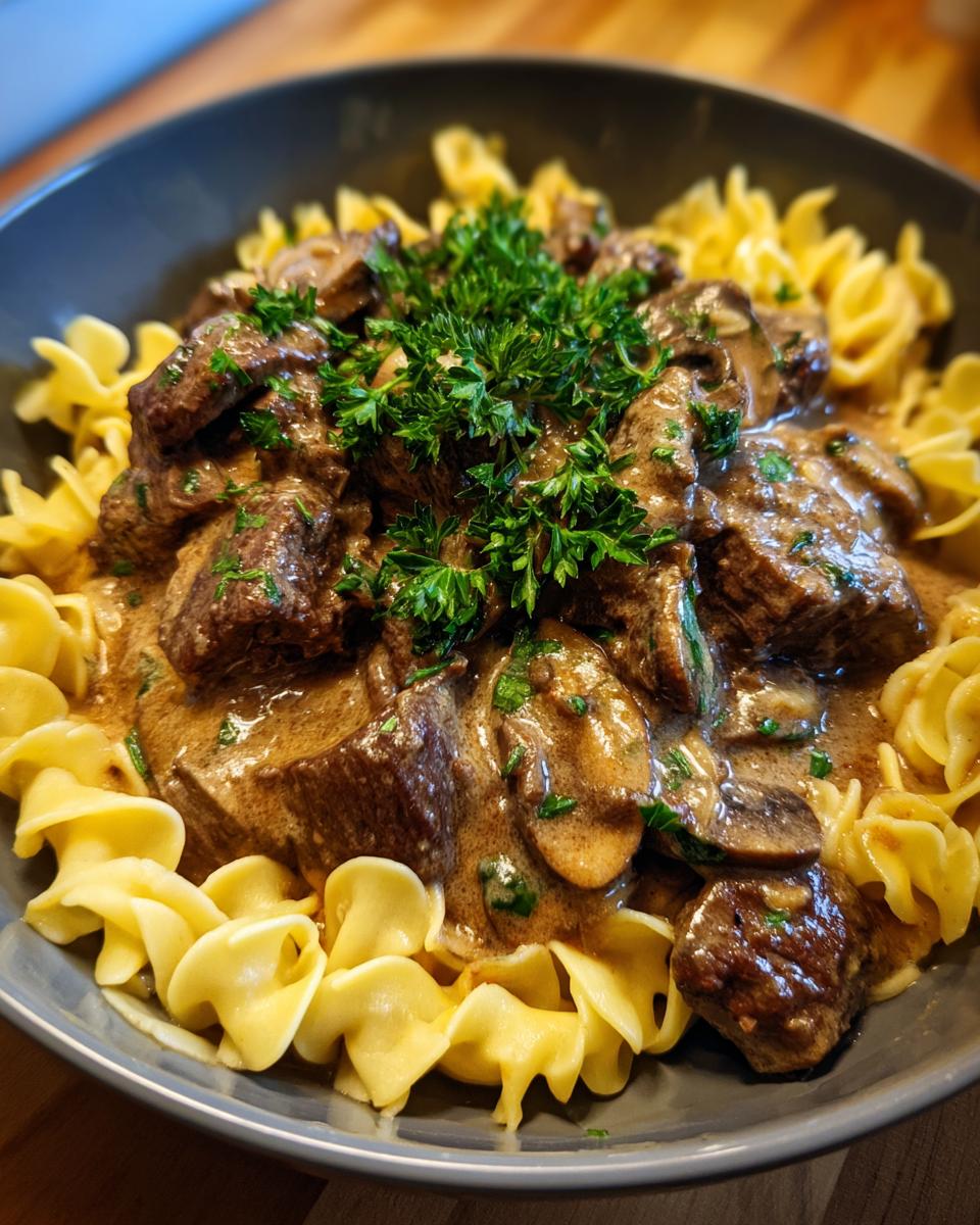 A bowl of Classic Beef Stroganoff with egg noodles, mushrooms, and fresh parsley.