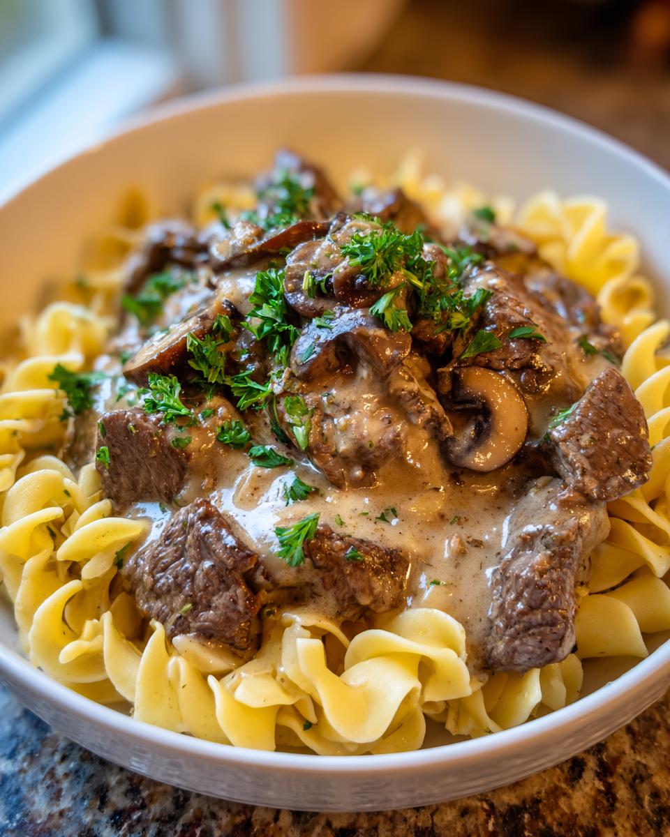 Close-up of Classic Beef Stroganoff with egg noodles, mushrooms, and parsley.