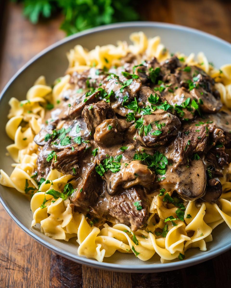 Close-up of a bowl of Classic Beef Stroganoff with egg noodles, mushrooms, and parsley.