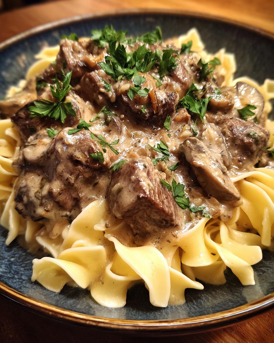 Close-up of Classic Beef Stroganoff with egg noodles, garnished with parsley, in a blue bowl.