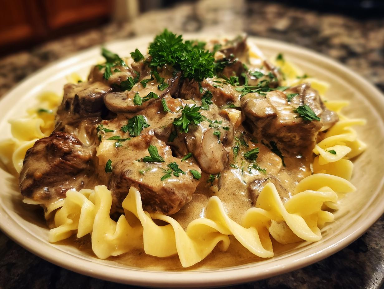 A plate of Classic Beef Stroganoff with egg noodles, garnished with parsley.