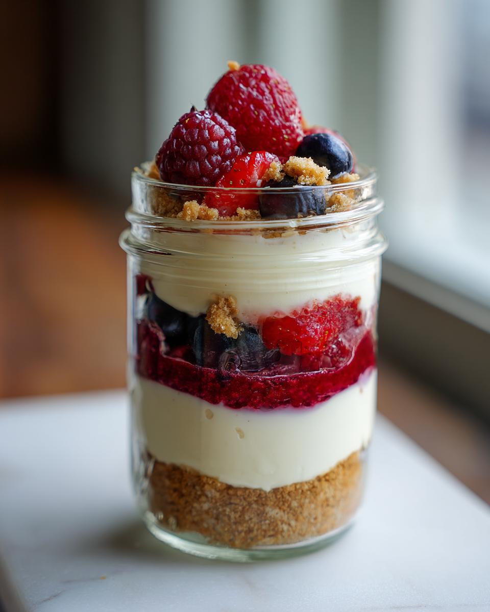 Close-up of a layered Berry Cheesecake Parfait Jar with fresh berries and crumble topping.