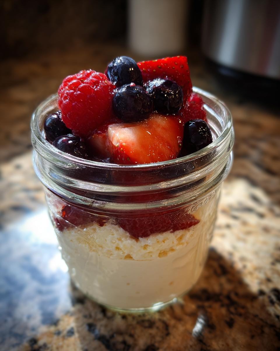 Close-up of a Berry Cheesecake Parfait Jar with layers of cheesecake and fresh berries.