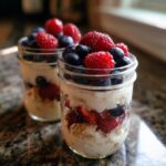 Two Berry Cheesecake Parfait Jars layered with berries, cream, and granola.