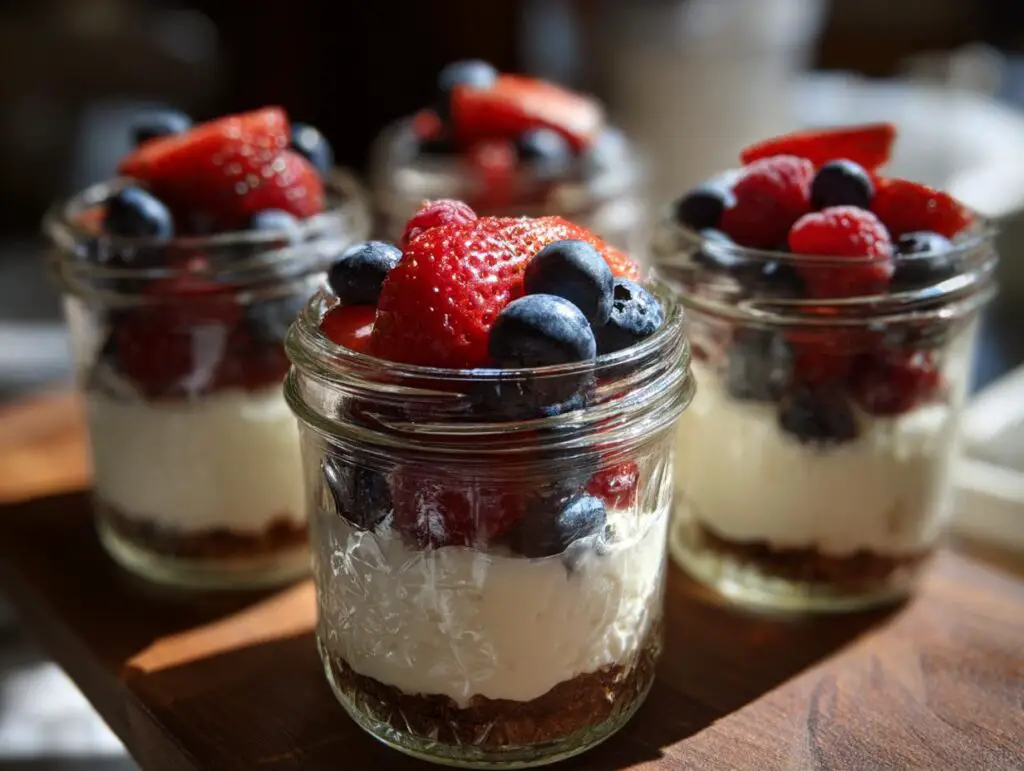 Close-up of Berry Cheesecake Parfait Jars, layered with berries and cream.