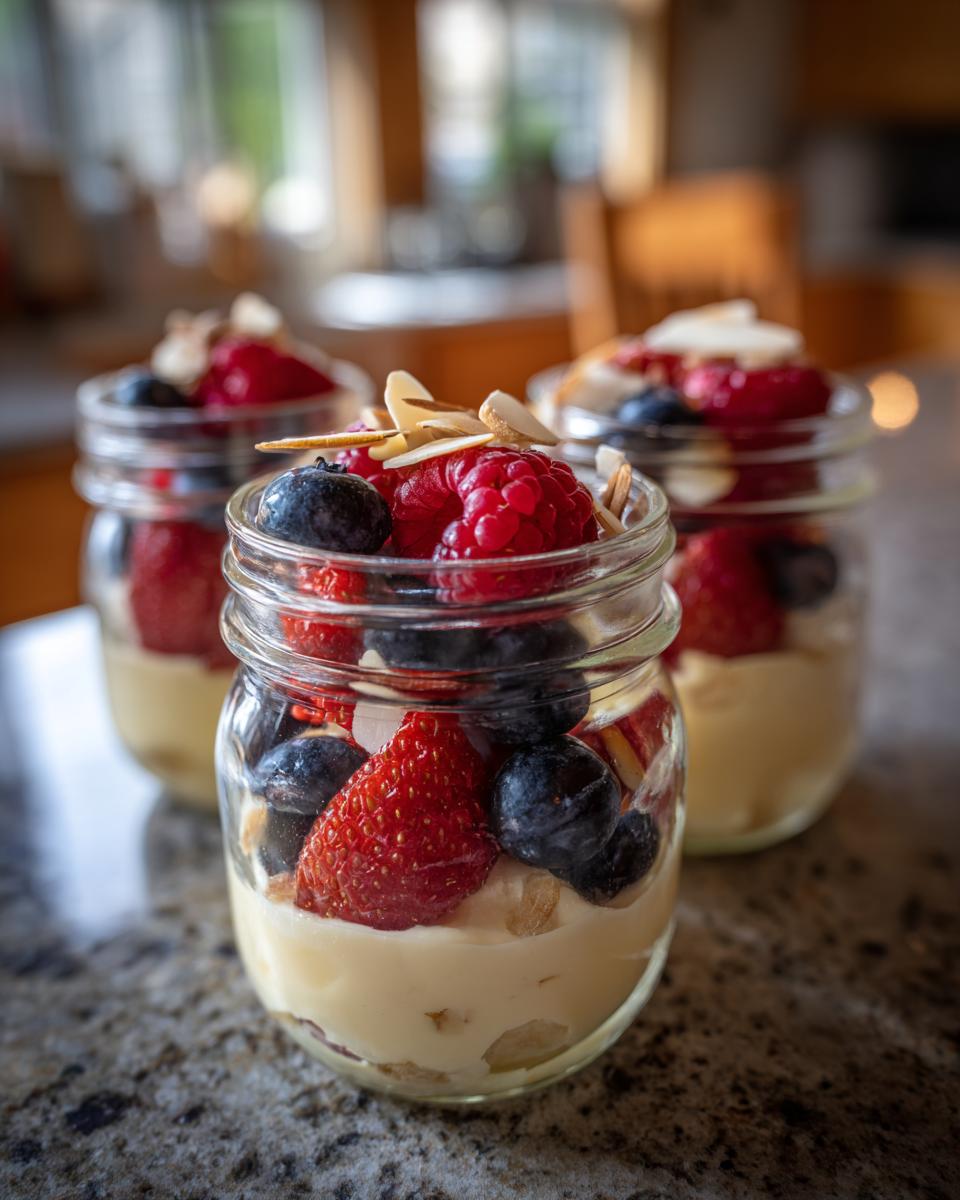 Close-up of three Berry Cheesecake Parfait Jars filled with layers of berries and cream.