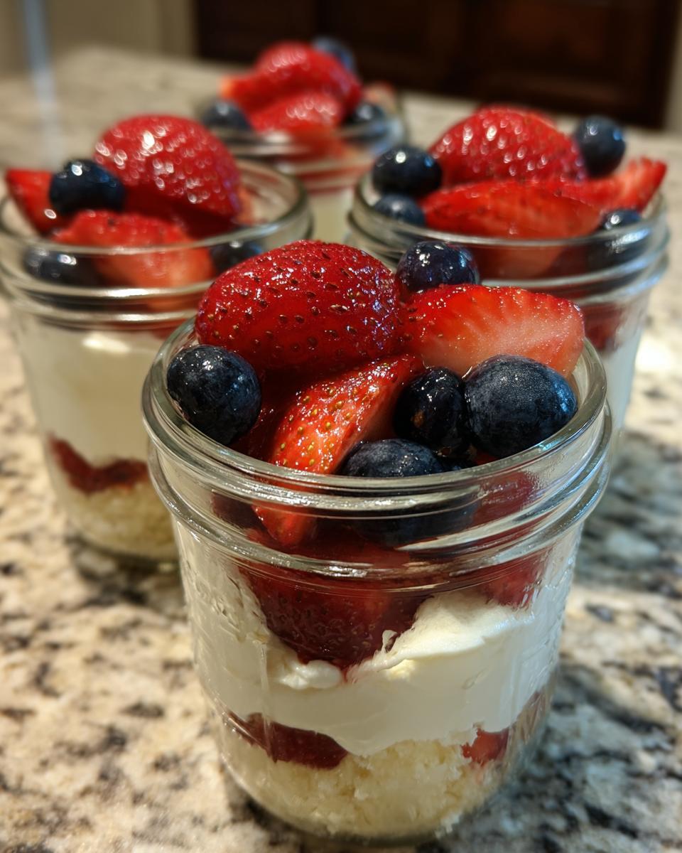 Close-up of Berry Cheesecake Parfait Jars layered with cheesecake filling and fresh berries.