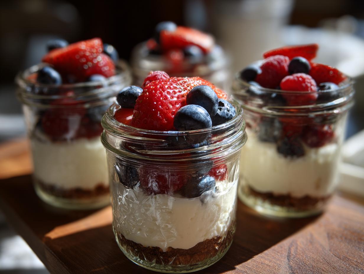 Close-up of Berry Cheesecake Parfait Jars, layered with berries and cream.