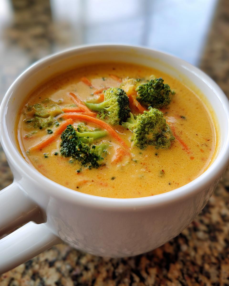Close-up of a bowl of creamy Broccoli Cheddar Soup with broccoli florets and carrot.