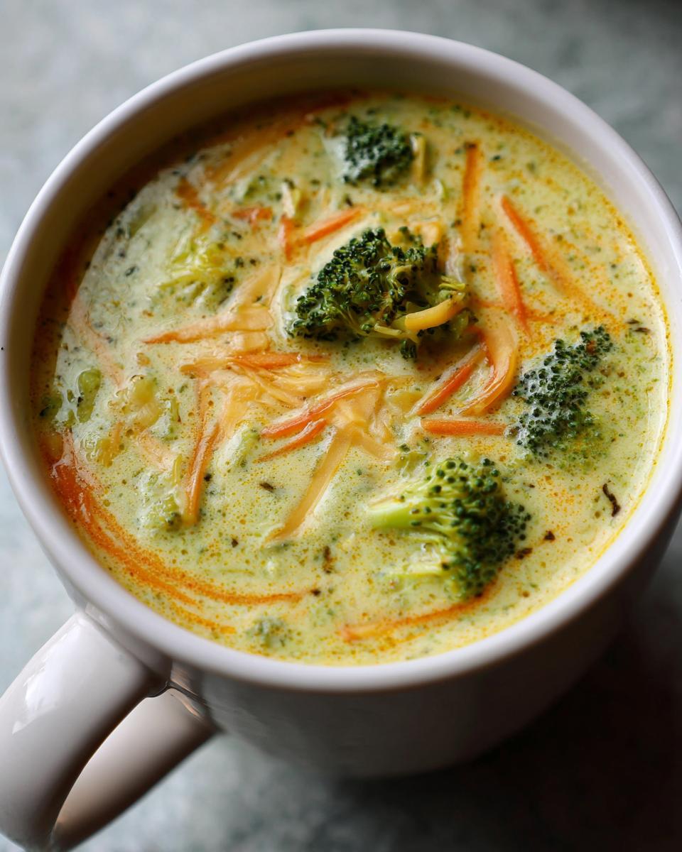 Close-up of a bowl of creamy Broccoli Cheddar Soup, with broccoli florets and shredded cheese.