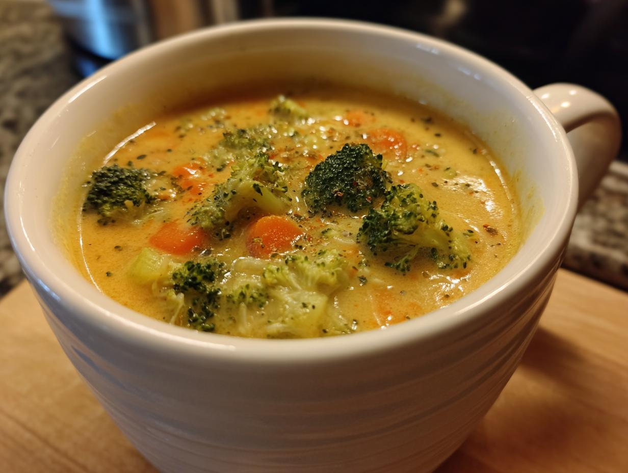 Close-up of a bowl of creamy Broccoli Cheddar Soup, with visible broccoli florets and carrots.