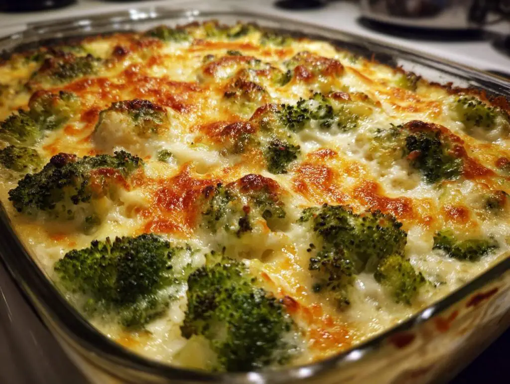 Close-up of a freshly baked Broccoli Cheese Casserole in a glass dish, with melted cheese and broccoli florets.
