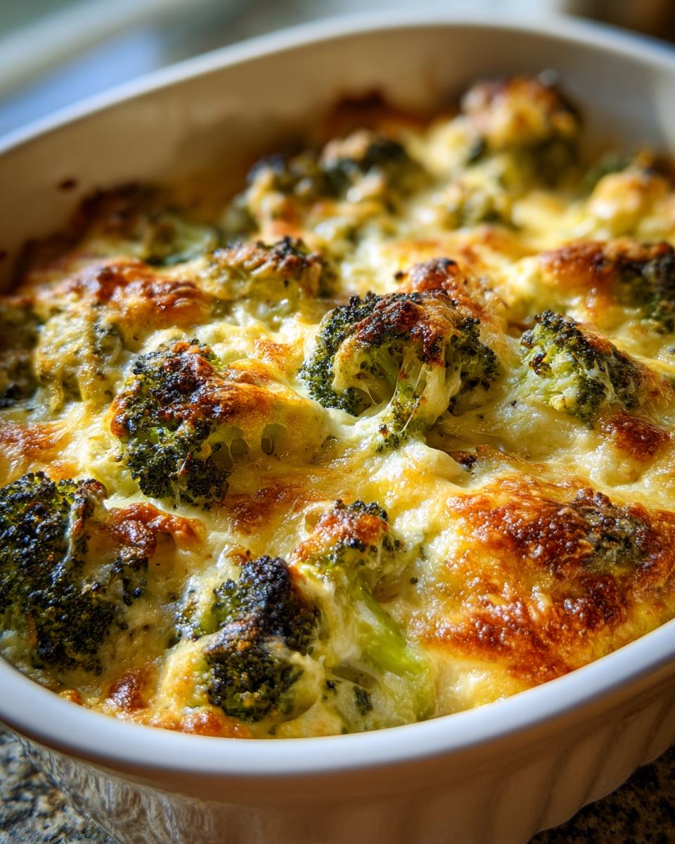 Close-up of a baked Broccoli Cheese Casserole in a white baking dish, golden and bubbly.