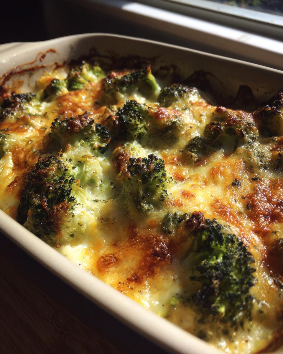 Close-up of a baked Broccoli Cheese Casserole in a baking dish, with melted cheese.