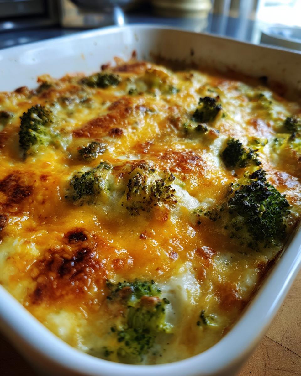 Close-up of a freshly baked Broccoli Cheese Casserole in a white baking dish.