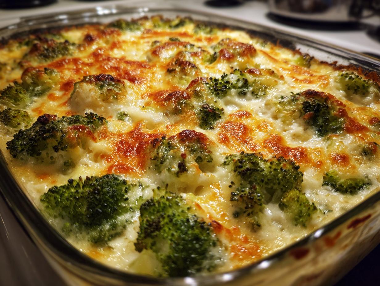Close-up of a freshly baked Broccoli Cheese Casserole in a glass dish, with melted cheese and broccoli florets.