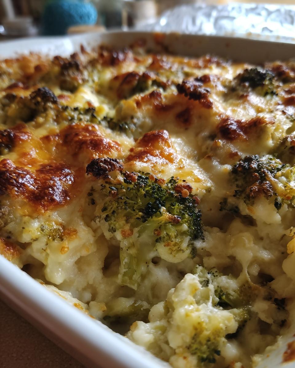 Close-up of a freshly baked Broccoli Cheese Casserole with melted cheese and broccoli florets.