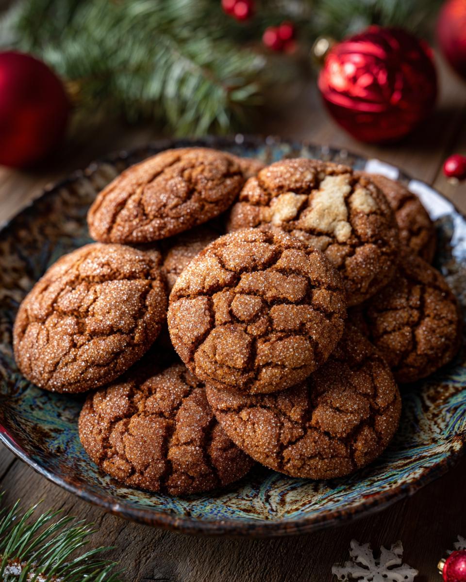Close-up of a plate piled high with Brown Butter Snickerdoodle Christmas Cookies.