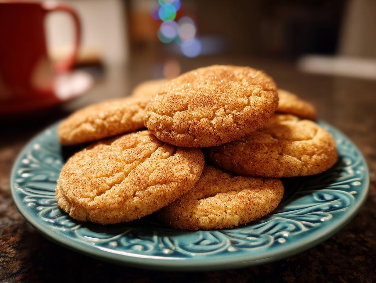 Close-up of a plate of Brown Butter Snickerdoodle Christmas Cookies sprinkled with cinnamon sugar.