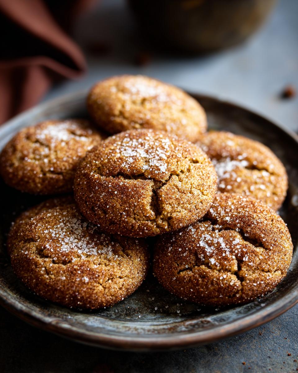 Close-up of a plate of delicious Brown Butter Snickerdoodle Christmas Cookies sprinkled with sugar.