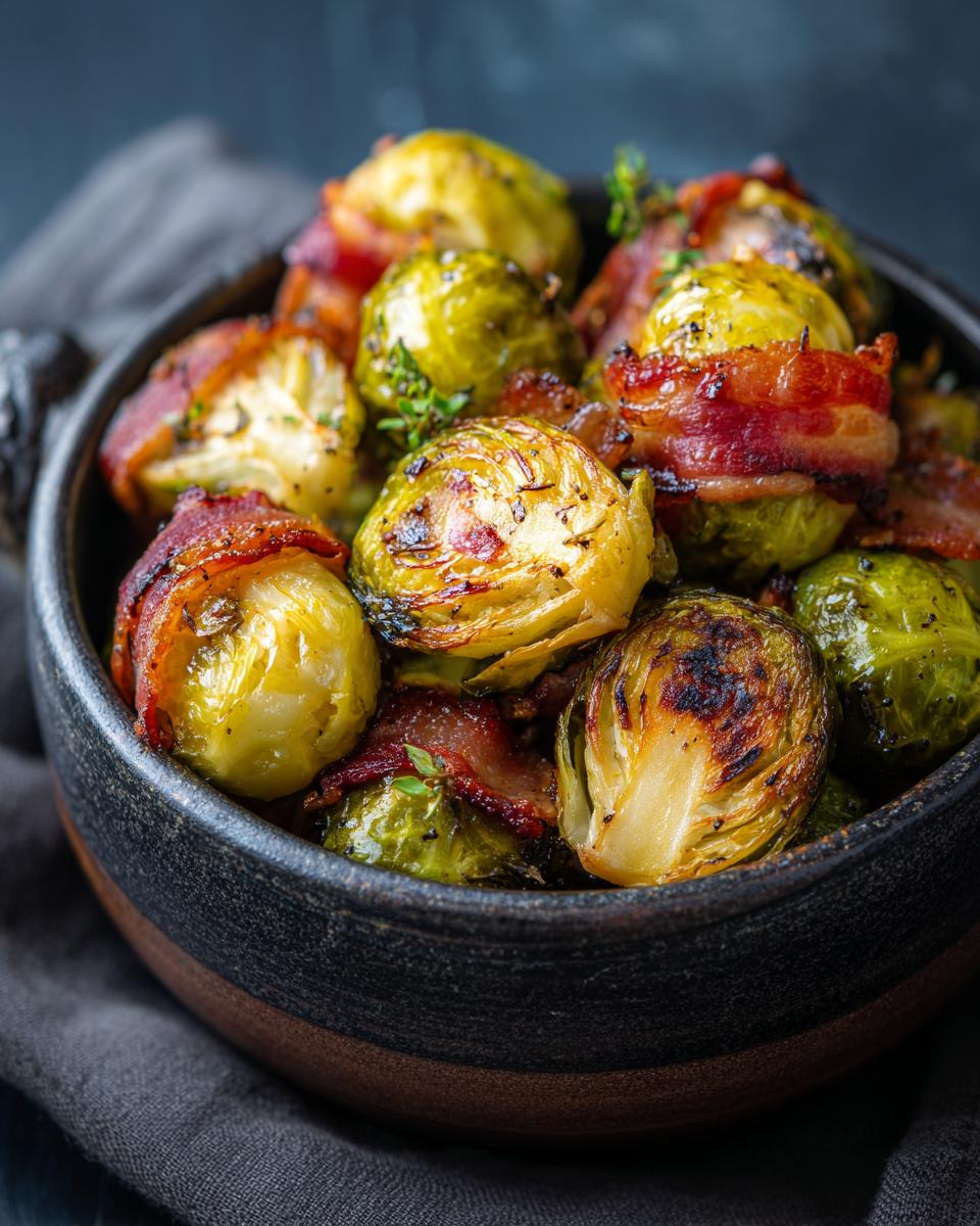 Brussels Sprouts with Bacon: 10-Min Recipe! 10 Close-up of roasted Brussels Sprouts with Bacon in a dark bowl, ready to eat. The perfect Brussels Sprouts with Bacon recipe!