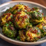 Close-up of a bowl of delicious Brussels Sprouts with Bacon, garnished with fresh herbs.